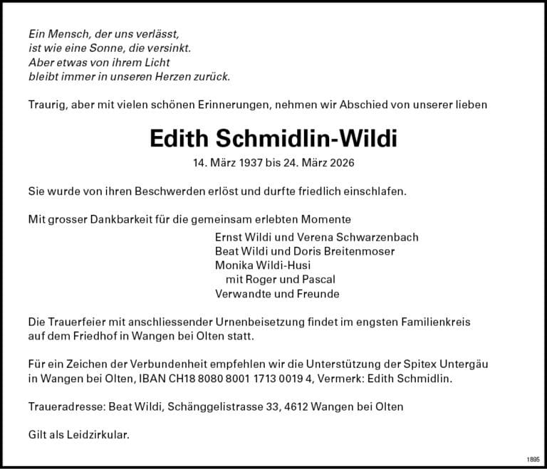 Edith Schmidlin-Wildi 1937 Todesanzeige / Anzeiger Thal Gäu Olten