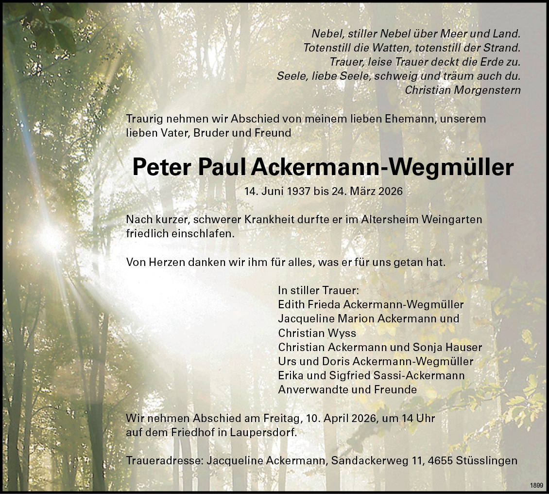 Peter Paul Ackermann-Wegmüller 1937 Todesanzeige / Anzeiger Thal Gäu Olten