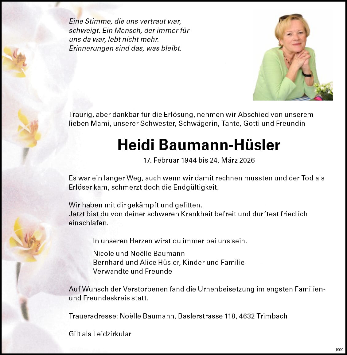 Heidi Baumann-Hüsler 1944 Todesanzeige / Anzeiger Thal Gäu Olten