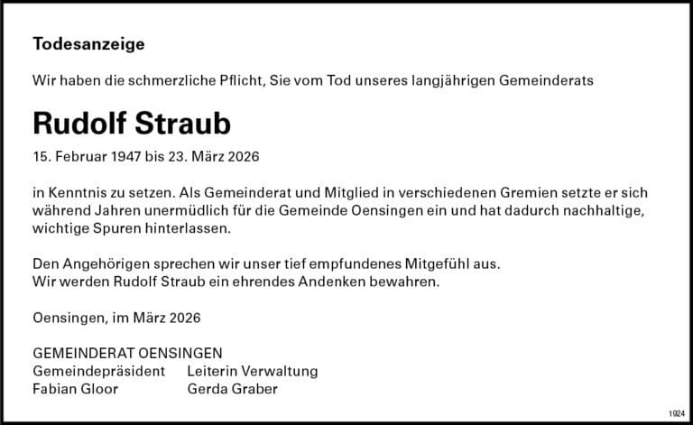 Rudolf Straub 1947 Todesanzeige / Anzeiger Thal Gäu Olten
