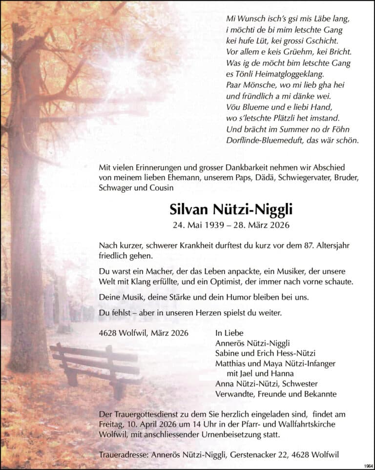 Silvan Nützi-Niggli 1939 Todesanzeige / Anzeiger Thal Gäu Olten
