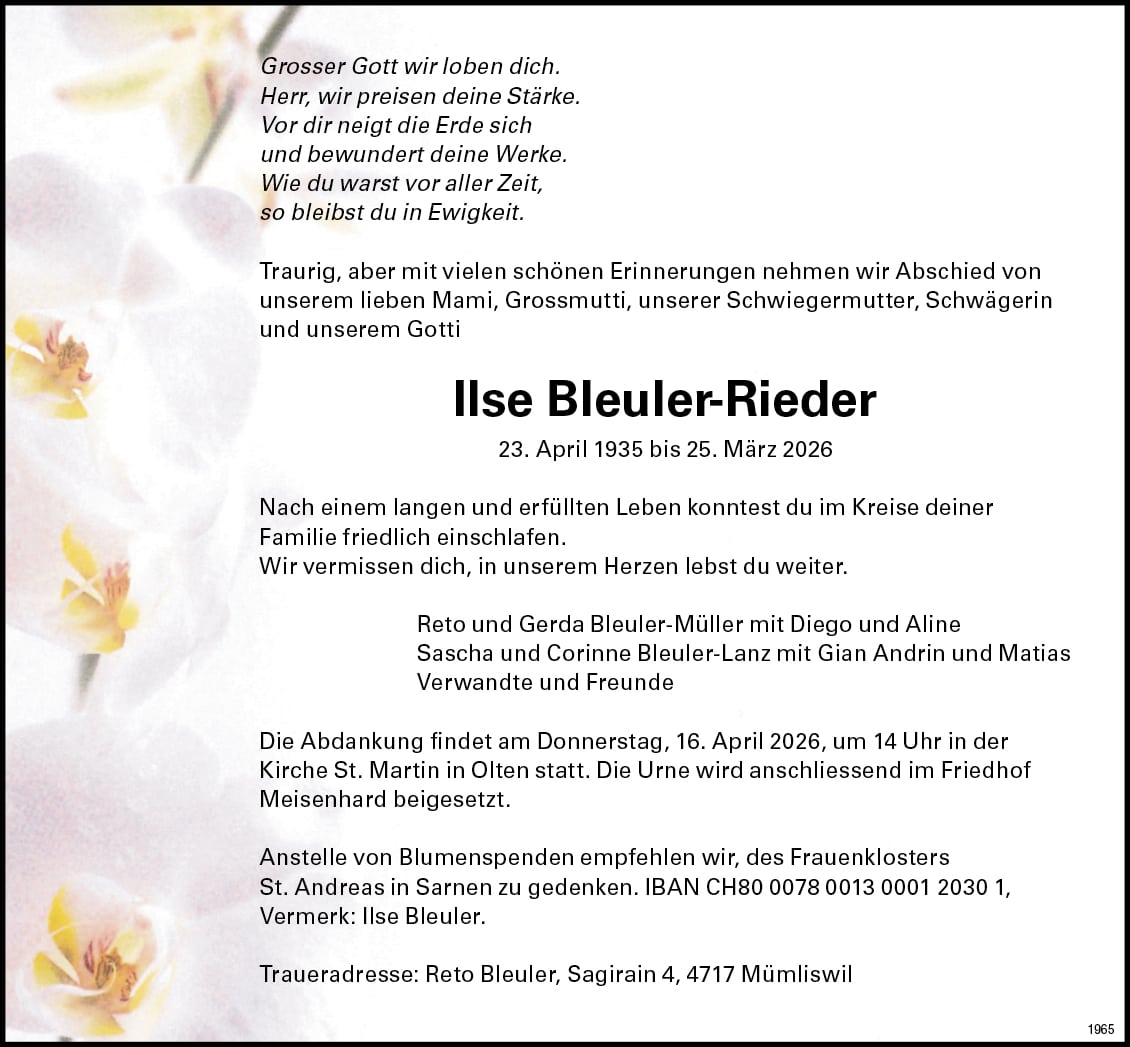 Ilse Bleuler-Rieder 1935 Todesanzeige / Anzeiger Thal Gäu Olten