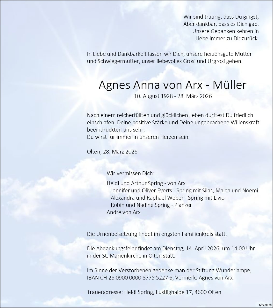 Agnes Anna von Arx - Müller 1928 Todesanzeige / Anzeiger Thal Gäu Olten