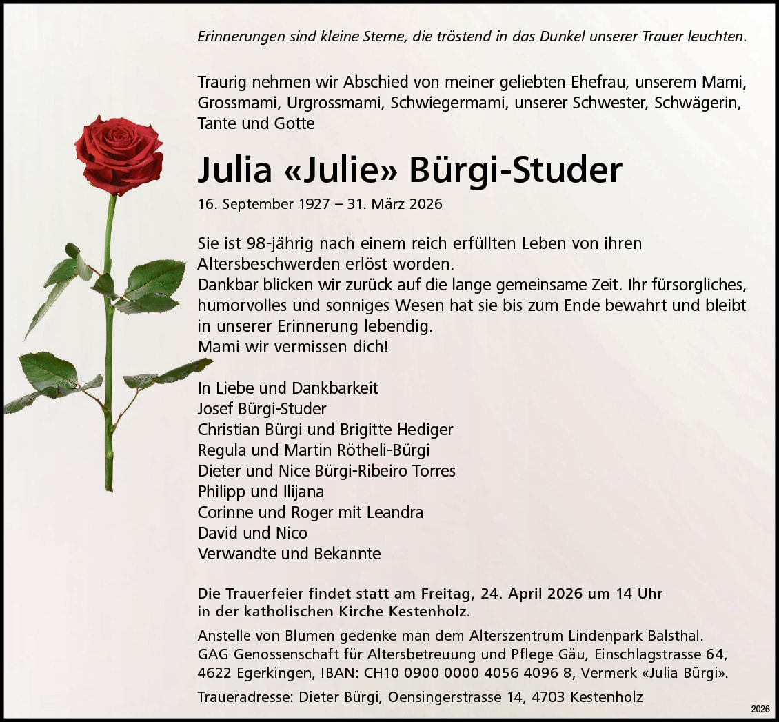 Julia «Julie» Bürgi-Studer 1927 Todesanzeige / Anzeiger Thal Gäu Olten