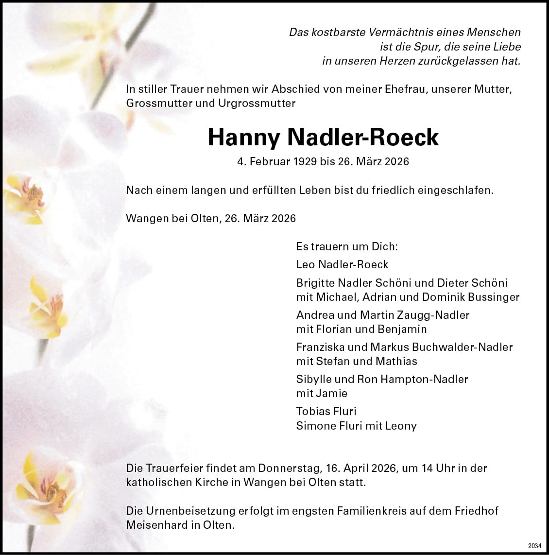 Hanny Nadler-Roeck 1929 Todesanzeige / Anzeiger Thal Gäu Olten