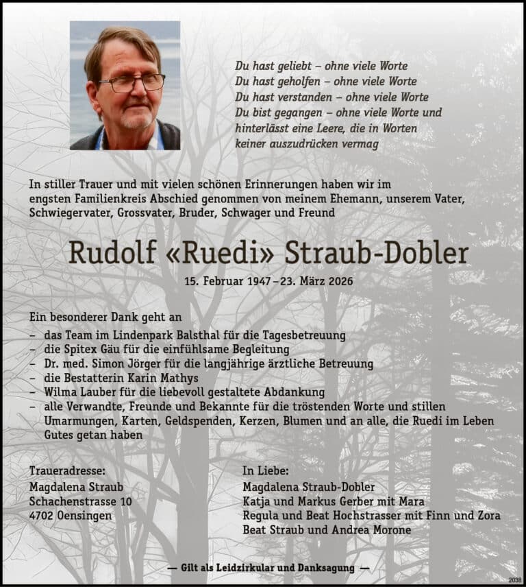 Rudolf «Ruedi» Straub-Dobler 1947 Todesanzeige / Anzeiger Thal Gäu Olten