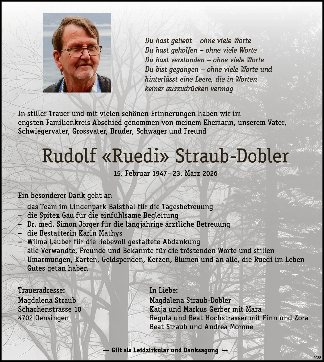 Rudolf «Ruedi» Straub-Dobler 1947 Todesanzeige / Anzeiger Thal Gäu Olten