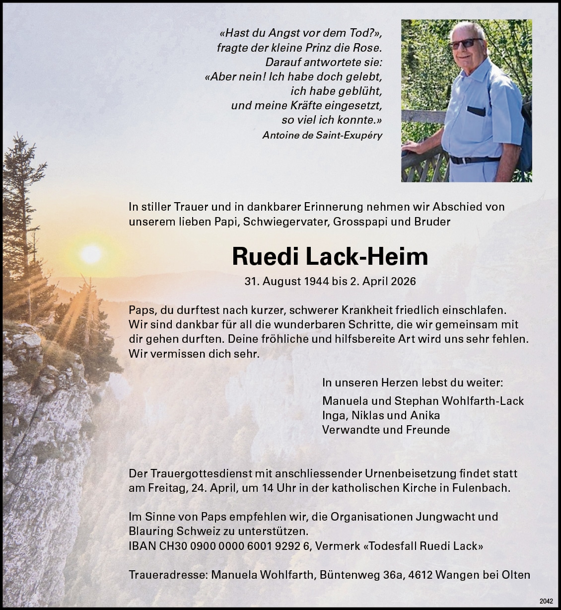 Ruedi Lack-Heim 1944 Todesanzeige / Anzeiger Thal Gäu Olten