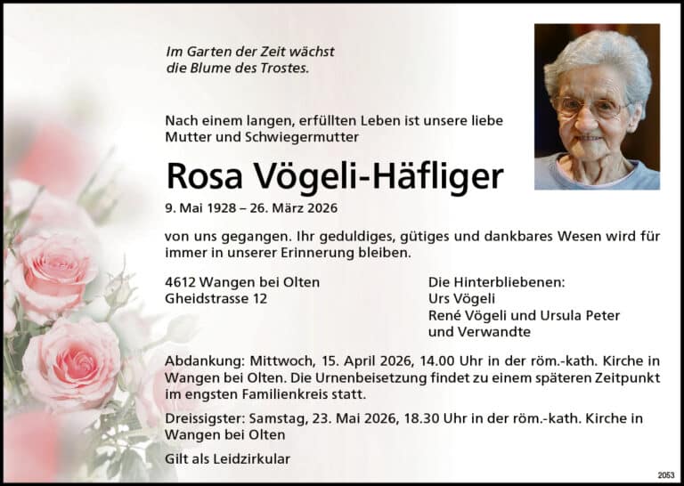 Rosa Vögeli-Häfliger 1928 Todesanzeige / Anzeiger Thal Gäu Olten