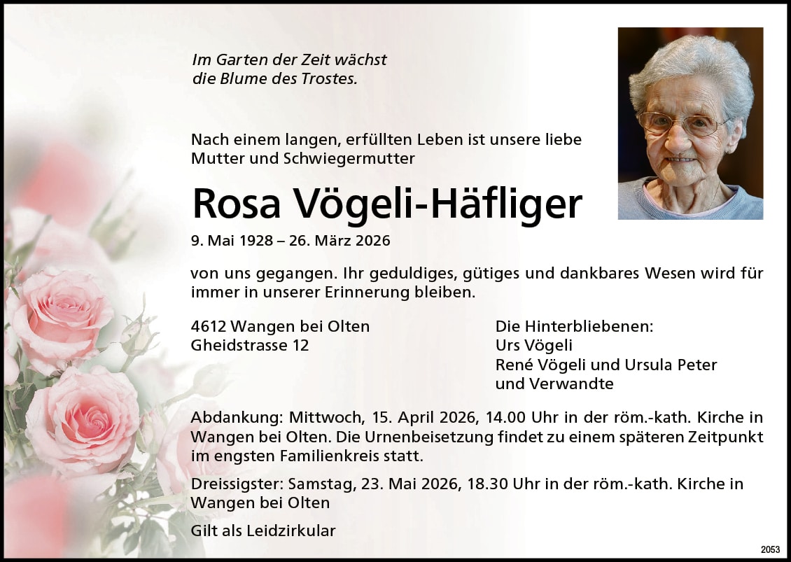 Rosa Vögeli-Häfliger 1928 Todesanzeige / Anzeiger Thal Gäu Olten