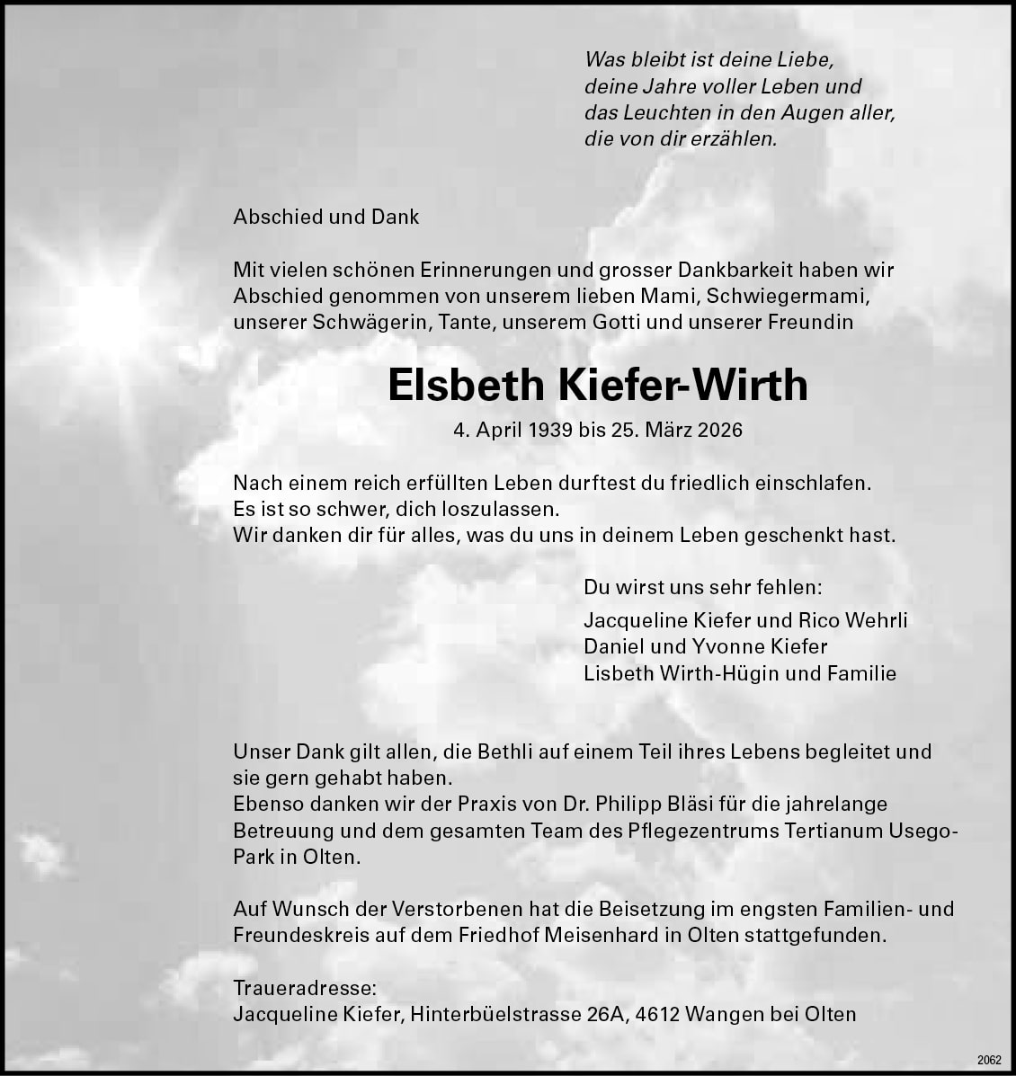 Elsbeth Kiefer-Wirth 1939 Todesanzeige / Anzeiger Thal Gäu Olten