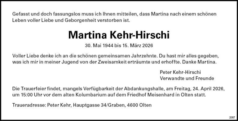 Martina Kehr-Hirschi 1944 Todesanzeige / Anzeiger Thal Gäu Olten