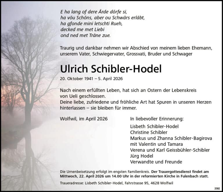 Ulrich Schibler-Hodel 1941 Todesanzeige / Anzeiger Thal Gäu Olten