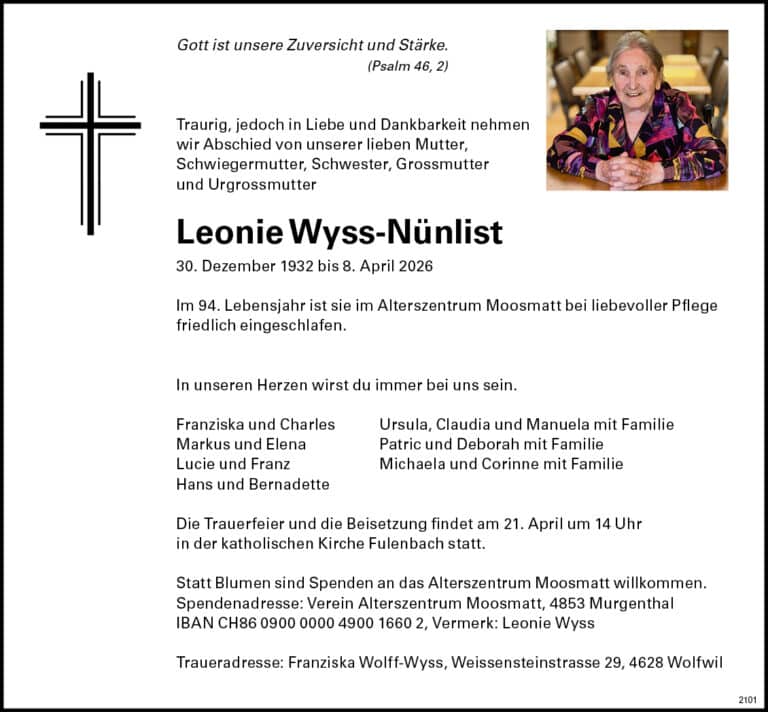 Leonie Wyss-Nünlist 1932 Todesanzeige / Anzeiger Thal Gäu Olten