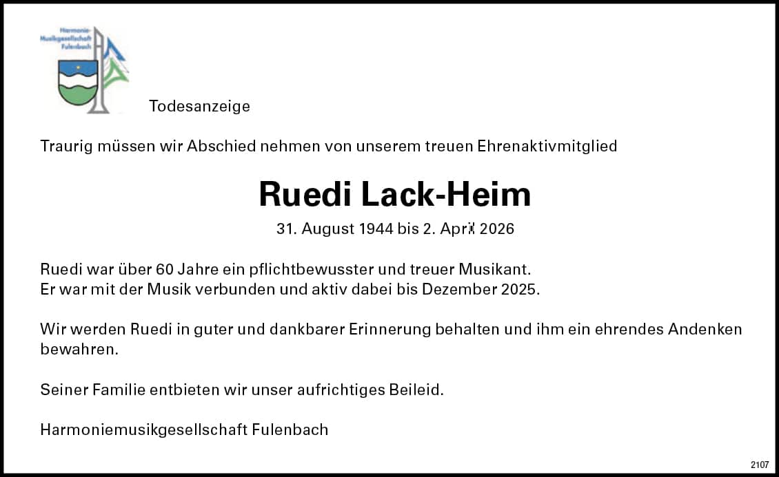 Ruedi Lack-Heim 1944 Todesanzeige / Anzeiger Thal Gäu Olten