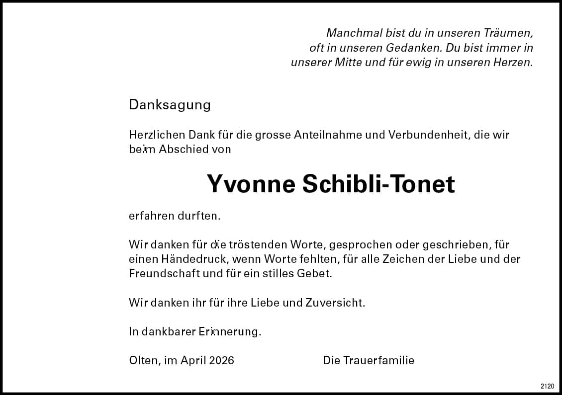Yvonne Schibli-Tonet 1927 Todesanzeige / Anzeiger Thal Gäu Olten