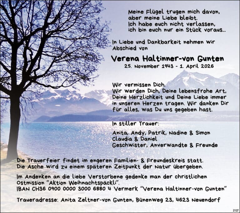 Verena Haltinner-von Gunten 1943 Todesanzeige / Anzeiger Thal Gäu Olten