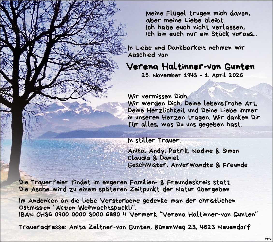 Verena Haltinner-von Gunten 1943 Todesanzeige / Anzeiger Thal Gäu Olten