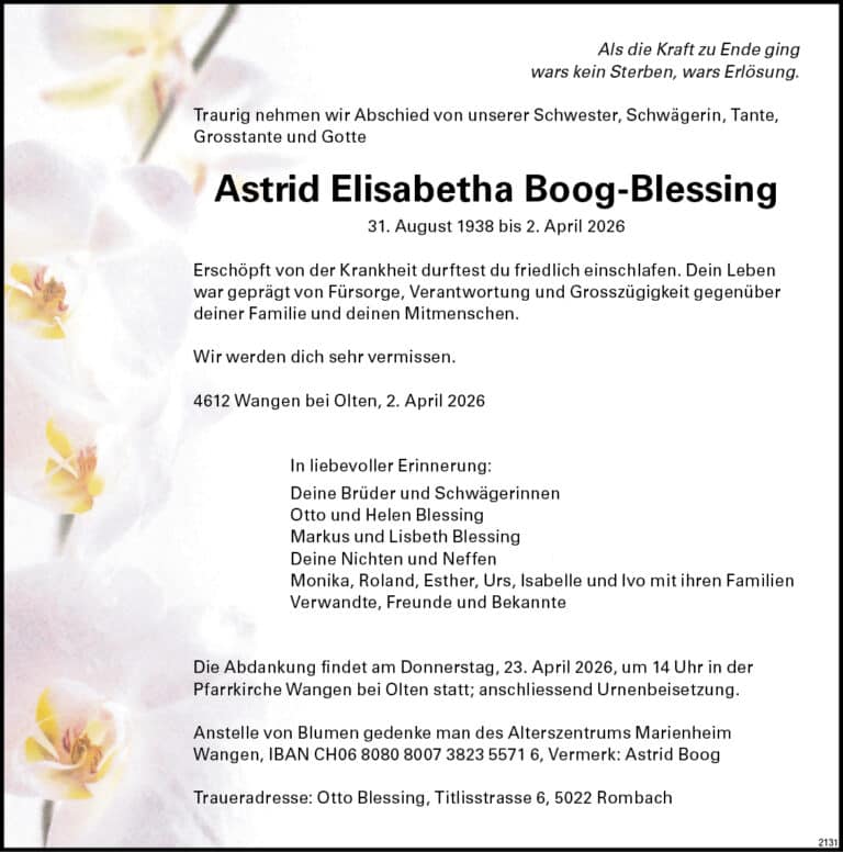 Astrid Elisabetha Boog-Blessing 1938 Todesanzeige / Anzeiger Thal Gäu Olten