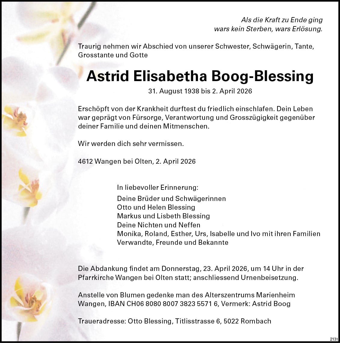 Astrid Elisabetha Boog-Blessing 1938 Todesanzeige / Anzeiger Thal Gäu Olten
