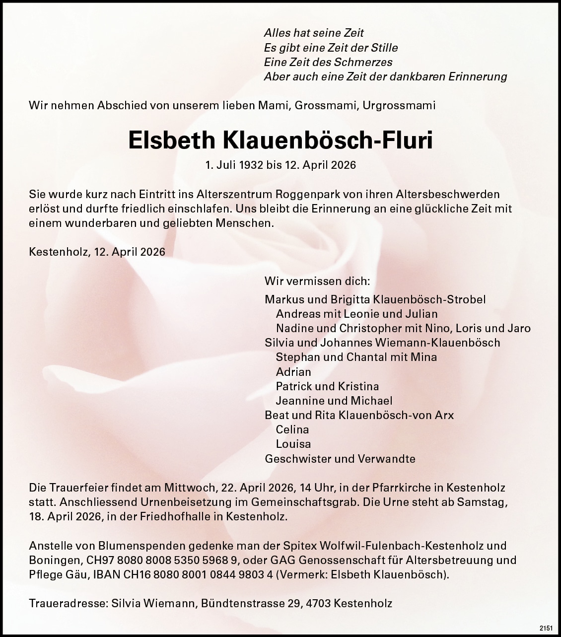 Elsbeth Klauenbösch-Fluri 1932 Todesanzeige / Anzeiger Thal Gäu Olten