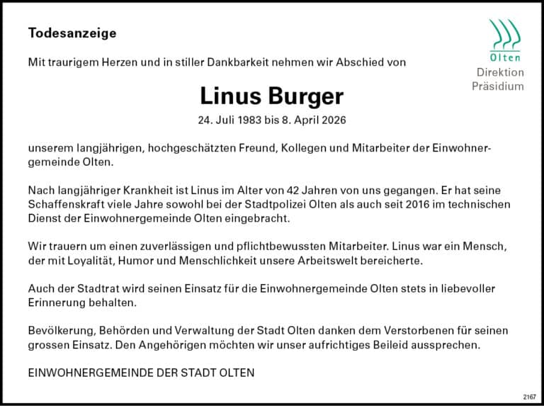 Linus Burger 1983 Todesanzeige / Anzeiger Thal Gäu Olten