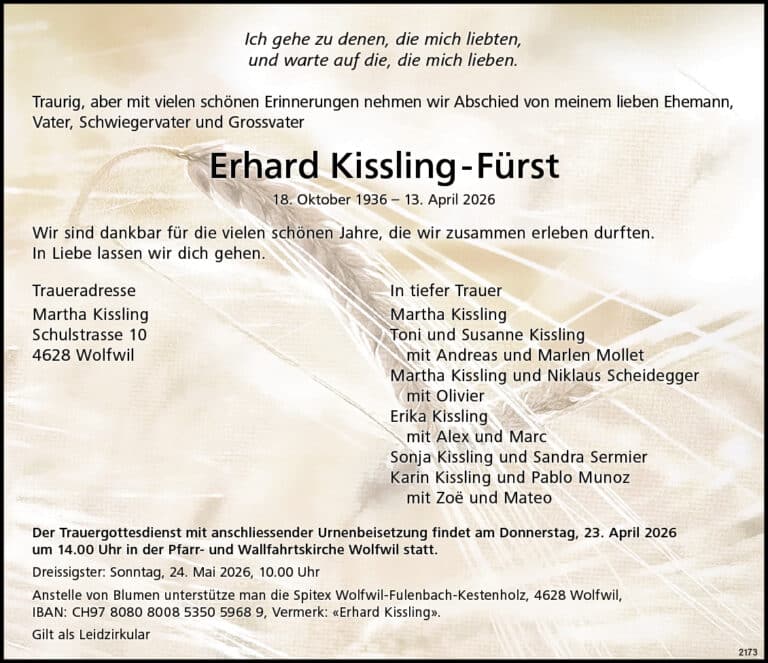 Erhard Kissling-Fürst 1936 Todesanzeige / Anzeiger Thal Gäu Olten