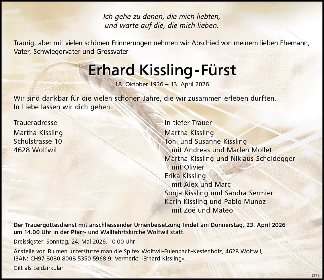 Erhard Kissling-Fürst 1936 Todesanzeige / Anzeiger Thal Gäu Olten