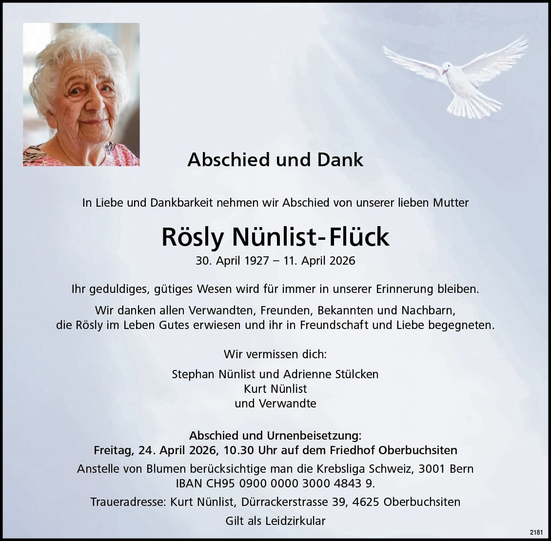 Rösly Nünlist-Flück 1927 Todesanzeige / Anzeiger Thal Gäu Olten
