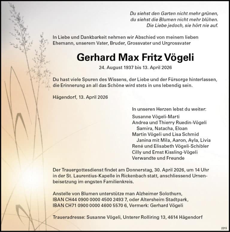 Gerhard Max Fritz Vögeli 1937 Todesanzeige / Anzeiger Thal Gäu Olten