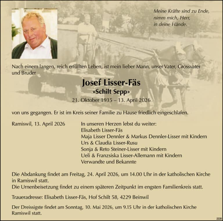 Josef Lisser-Fäs 1935 Todesanzeige / Anzeiger Thal Gäu Olten