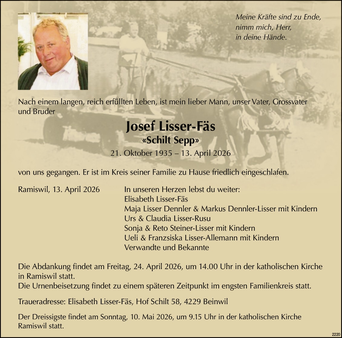 Josef Lisser-Fäs 1935 Todesanzeige / Anzeiger Thal Gäu Olten