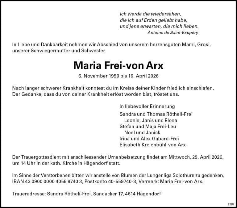 Maria Frei-von Arx 1950 Todesanzeige / Anzeiger Thal Gäu Olten