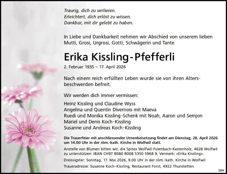 Erika Kissling-Pfefferli 1935 Todesanzeige / Anzeiger Thal Gäu Olten