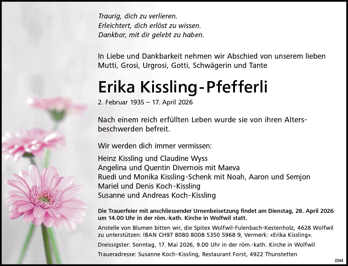 Erika Kissling-Pfefferli 1935 Todesanzeige / Anzeiger Thal Gäu Olten