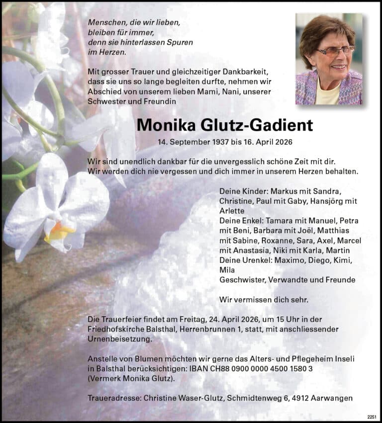 Monika Glutz-Gadient 1937 Todesanzeige / Anzeiger Thal Gäu Olten