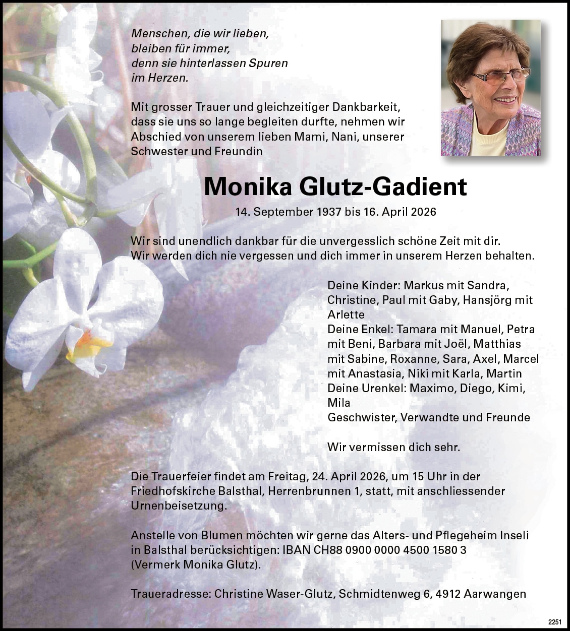 Monika Glutz-Gadient 1937 Todesanzeige / Anzeiger Thal Gäu Olten