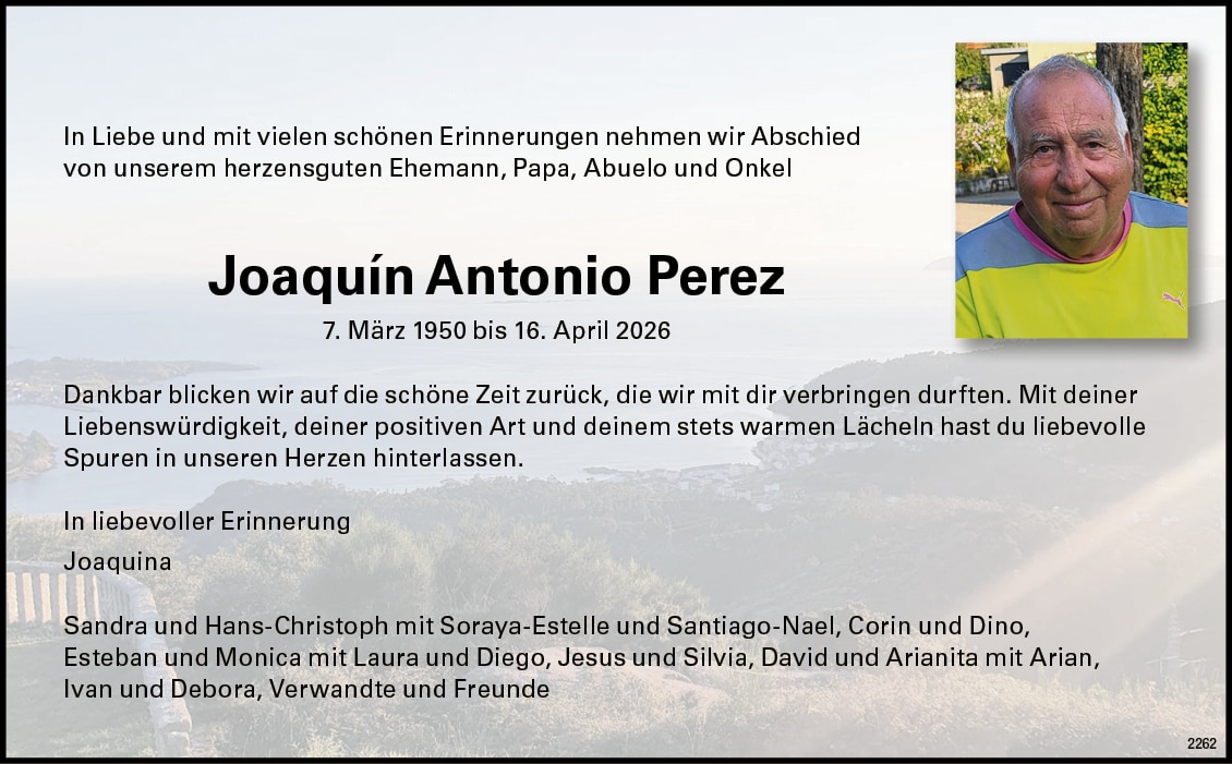 Joaquín Antonio Perez 1950 Todesanzeige / Anzeiger Thal Gäu Olten