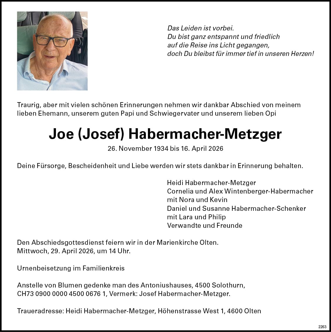 Joe (Josef) Habermacher-Metzger 1934 Todesanzeige / Anzeiger Thal Gäu Olten