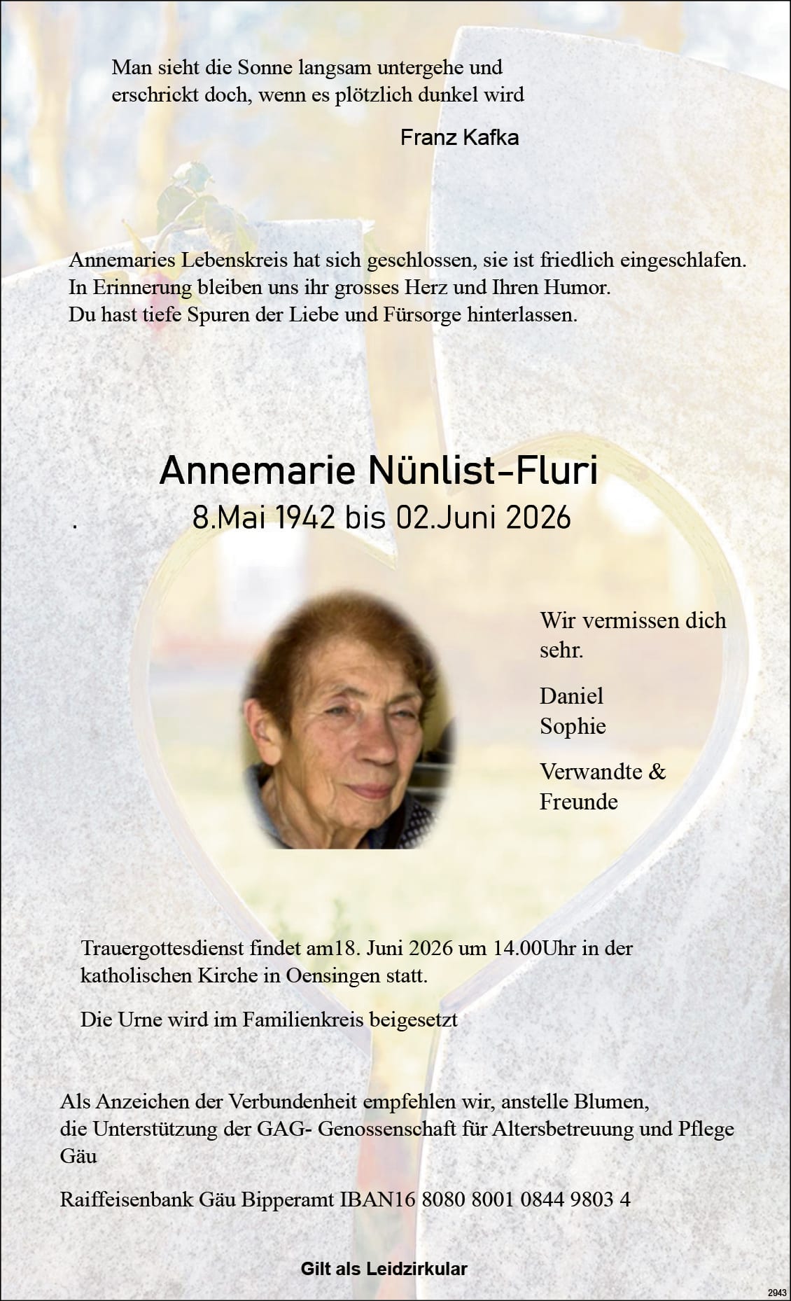 Annemarie Nünlist - Fluri 1942 Todesanzeige / Anzeiger Thal Gäu Olten