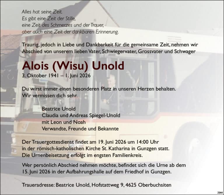 Alois (Wisu) Unold 1941 Todesanzeige / Anzeiger Thal Gäu Olten