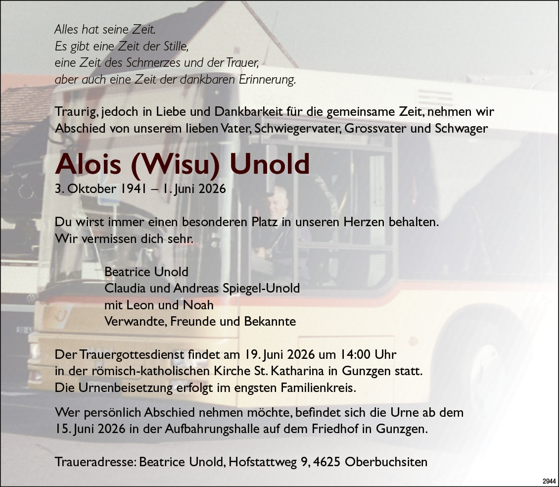 Alois (Wisu) Unold 1941 Todesanzeige / Anzeiger Thal Gäu Olten