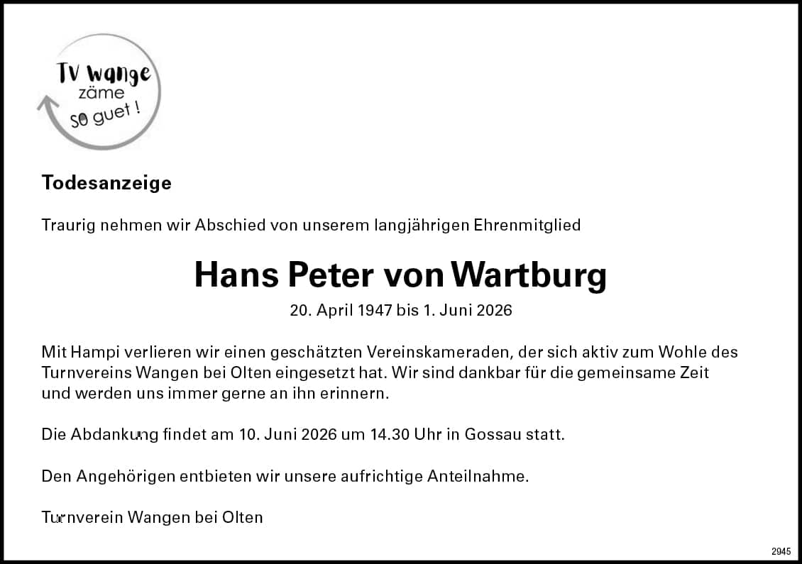 Hans Peter von Wartburg 1947 Todesanzeige / Anzeiger Thal Gäu Olten
