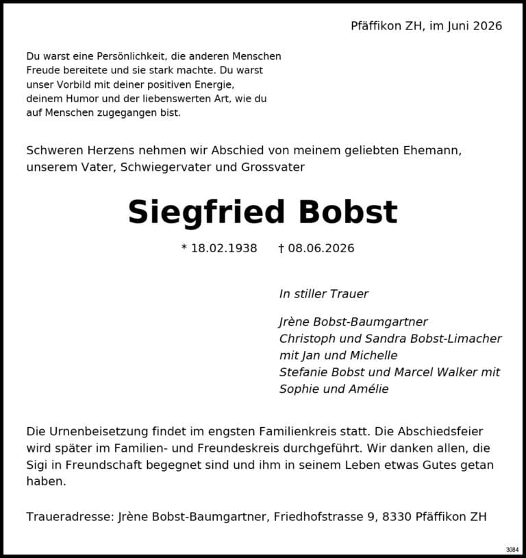 Siegfried Bobst 1938 Todesanzeige / Anzeiger Thal Gäu Olten