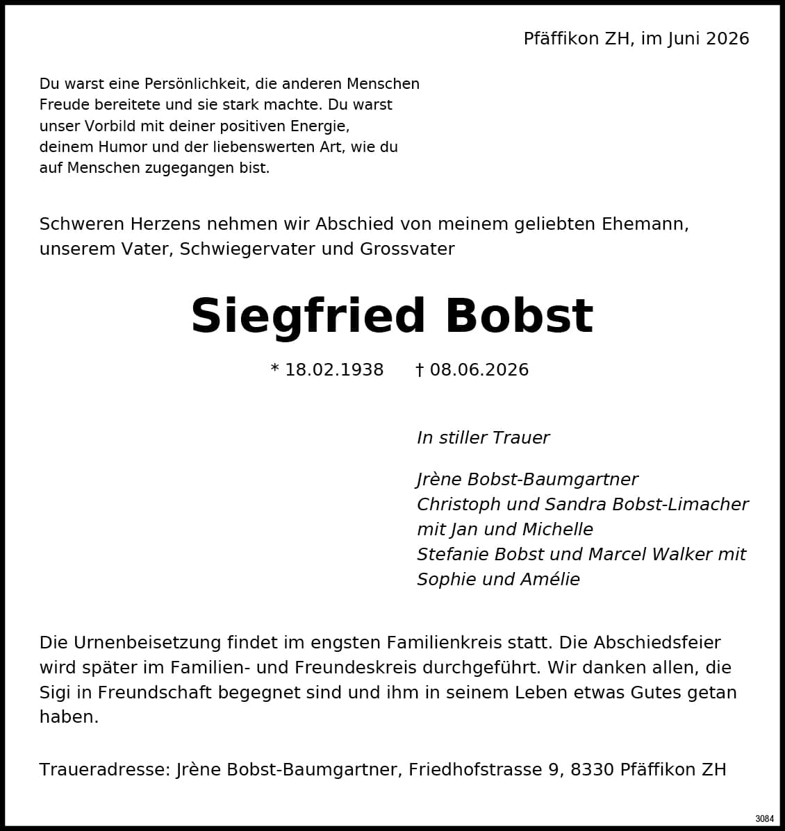 Siegfried Bobst 1938 Todesanzeige / Anzeiger Thal Gäu Olten