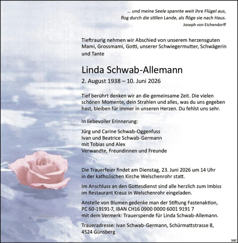 Linda Schwab-Allemann 1938 Todesanzeige / Anzeiger Thal Gäu Olten