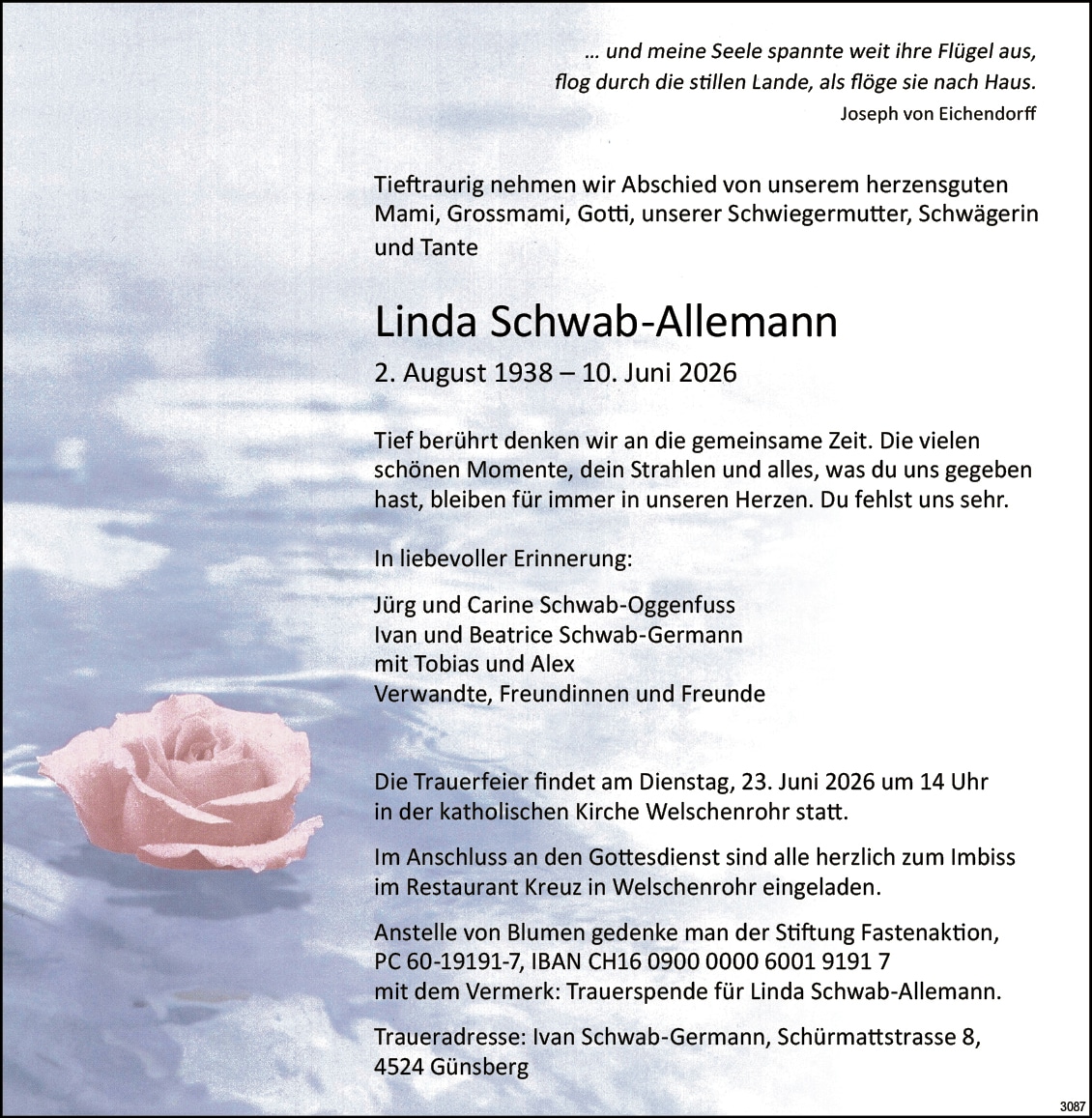 Linda Schwab-Allemann 1938 Todesanzeige / Anzeiger Thal Gäu Olten