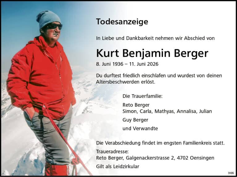 Kurt Benjamin Berger 1936 Todesanzeige / Anzeiger Thal Gäu Olten