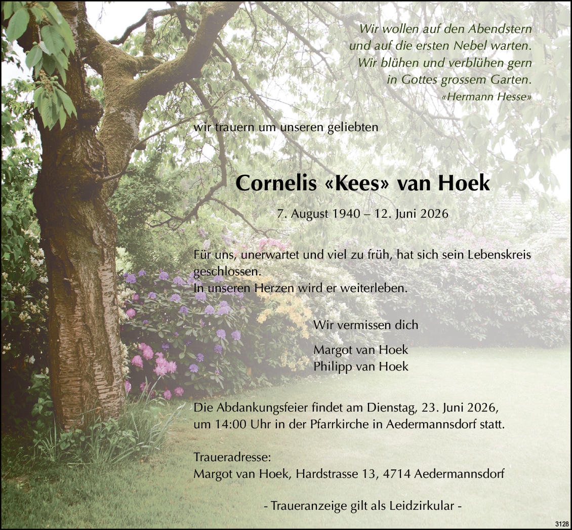 Cornelis «Kees» van Hoek 1940 Todesanzeige / Anzeiger Thal Gäu Olten