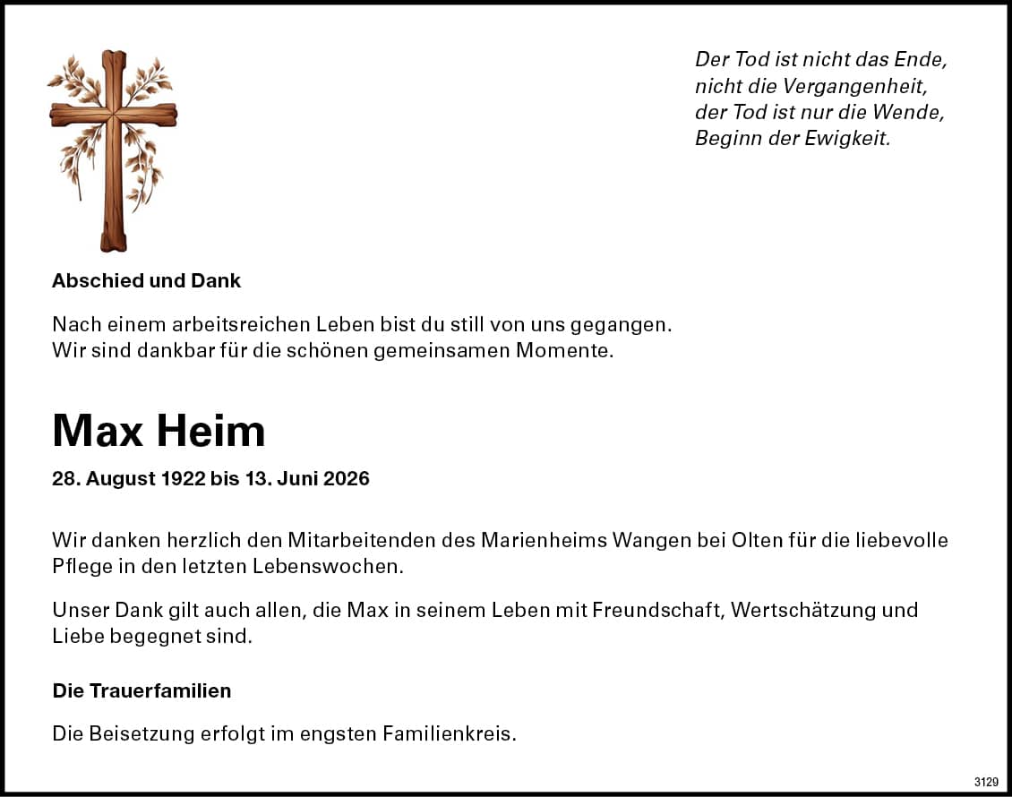 Max Heim 1922 Todesanzeige / Anzeiger Thal Gäu Olten
